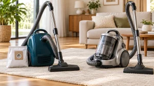 A closed-body bagged canister vacuum with a replacement bag beside a bagless canister with a clear dust bin.