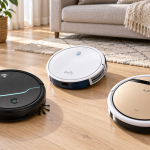 Three Non-Wi-Fi robot vacuums arranged on a wooden living-room floor.