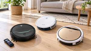 Three Non-Wi-Fi robot vacuums arranged on a wooden living-room floor.