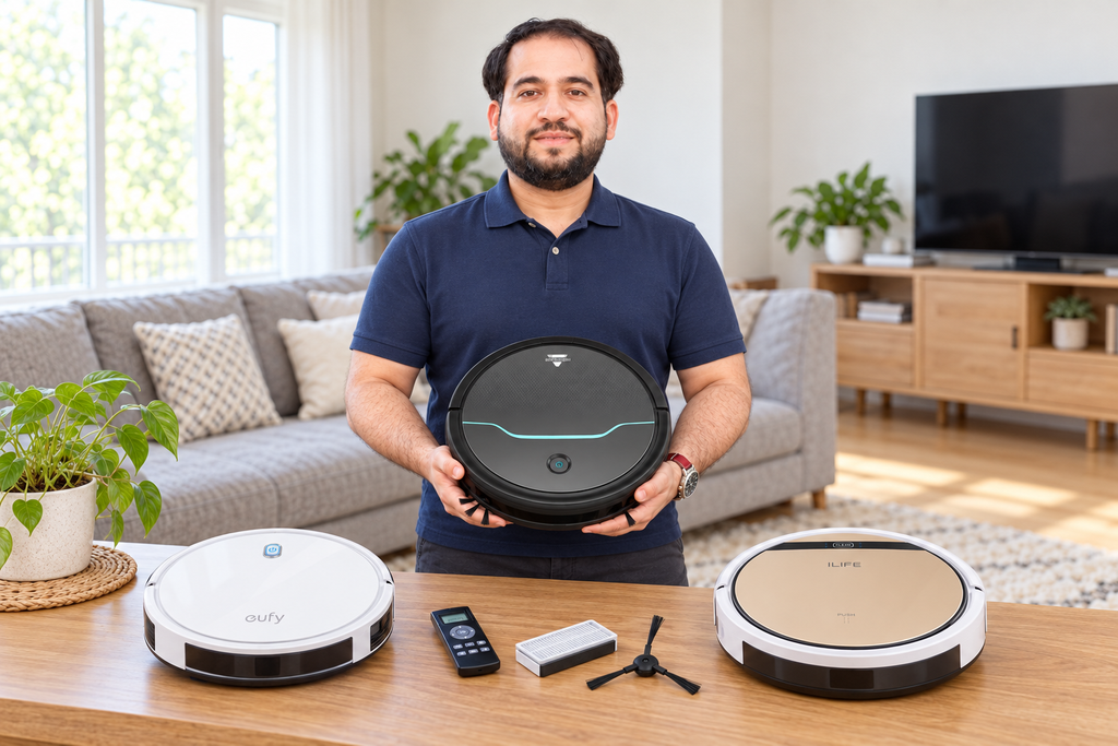 Man holding a robot vacuum beside two other models, a remote control, and maintenance accessories.