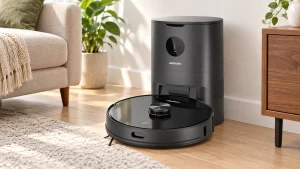 AIRROBO T10+ robot vacuum in front of its self-emptying station