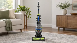Bissell 27909 upright vacuum on a gray rug in a bright living room