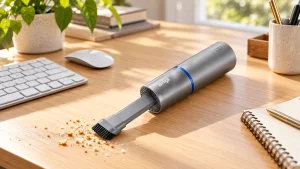 Brigii Y120 mini handheld vacuum on a home-office desk beside a keyboard