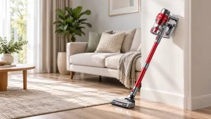 Red BuTure JR100 cordless stick vacuum leaning beside a neutral sofa