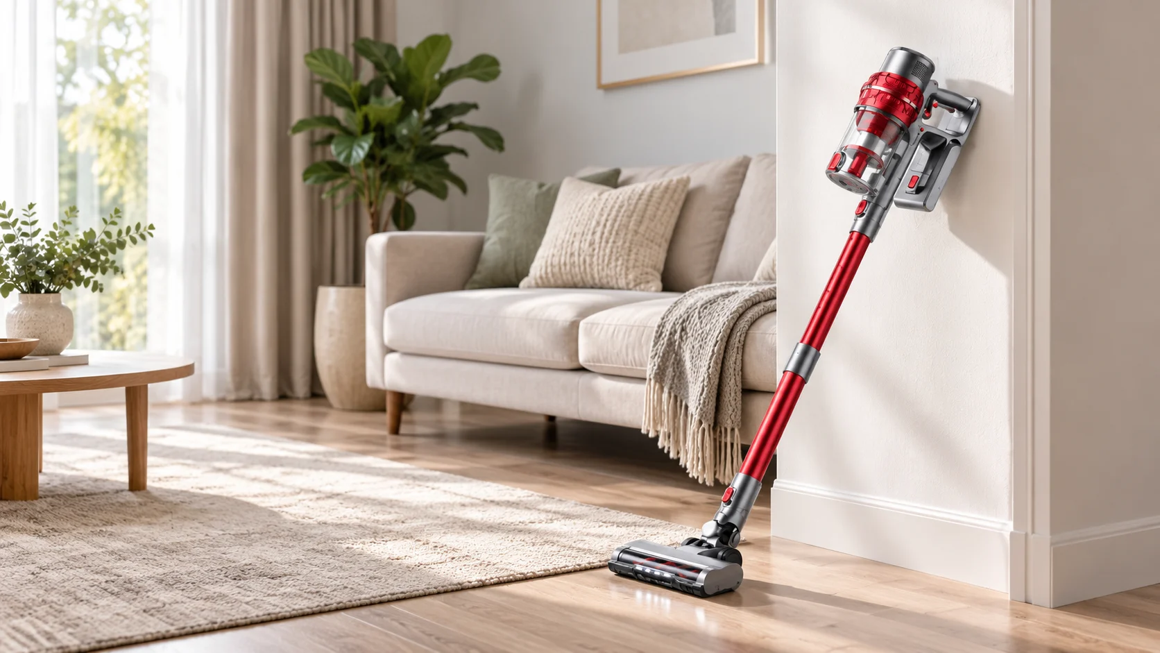 Red BuTure JR100 cordless stick vacuum leaning beside a neutral sofa