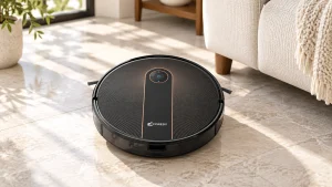 Coredy R750 robot vacuum on pale flooring beside a cream sofa