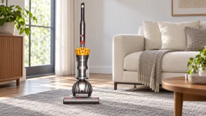 Dyson DC40 Origin ball upright vacuum on a gray rug beside a sofa