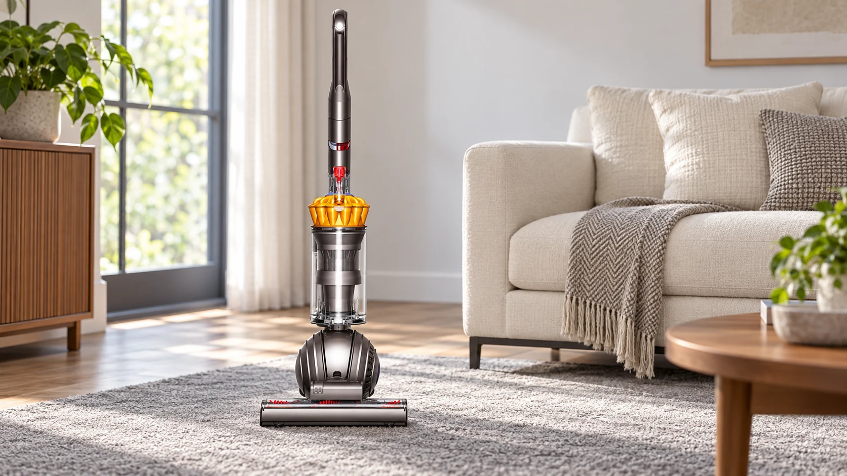Dyson DC40 Origin ball upright vacuum on a gray rug beside a sofa
