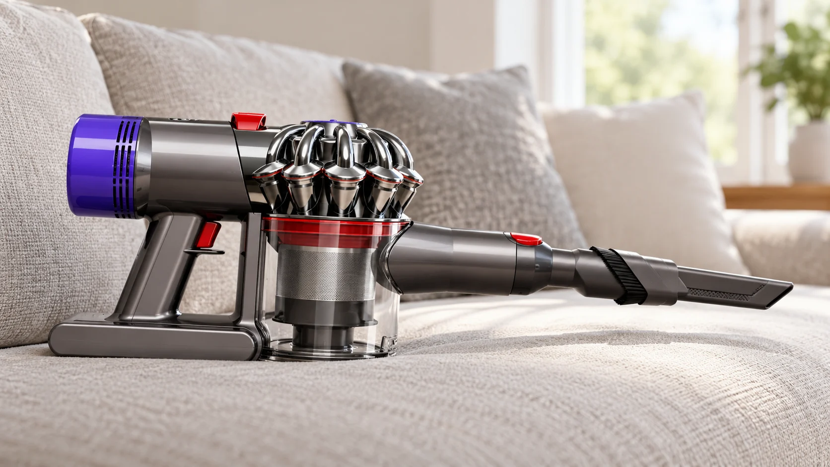 Dyson V8 handheld vacuum resting on a cream sofa