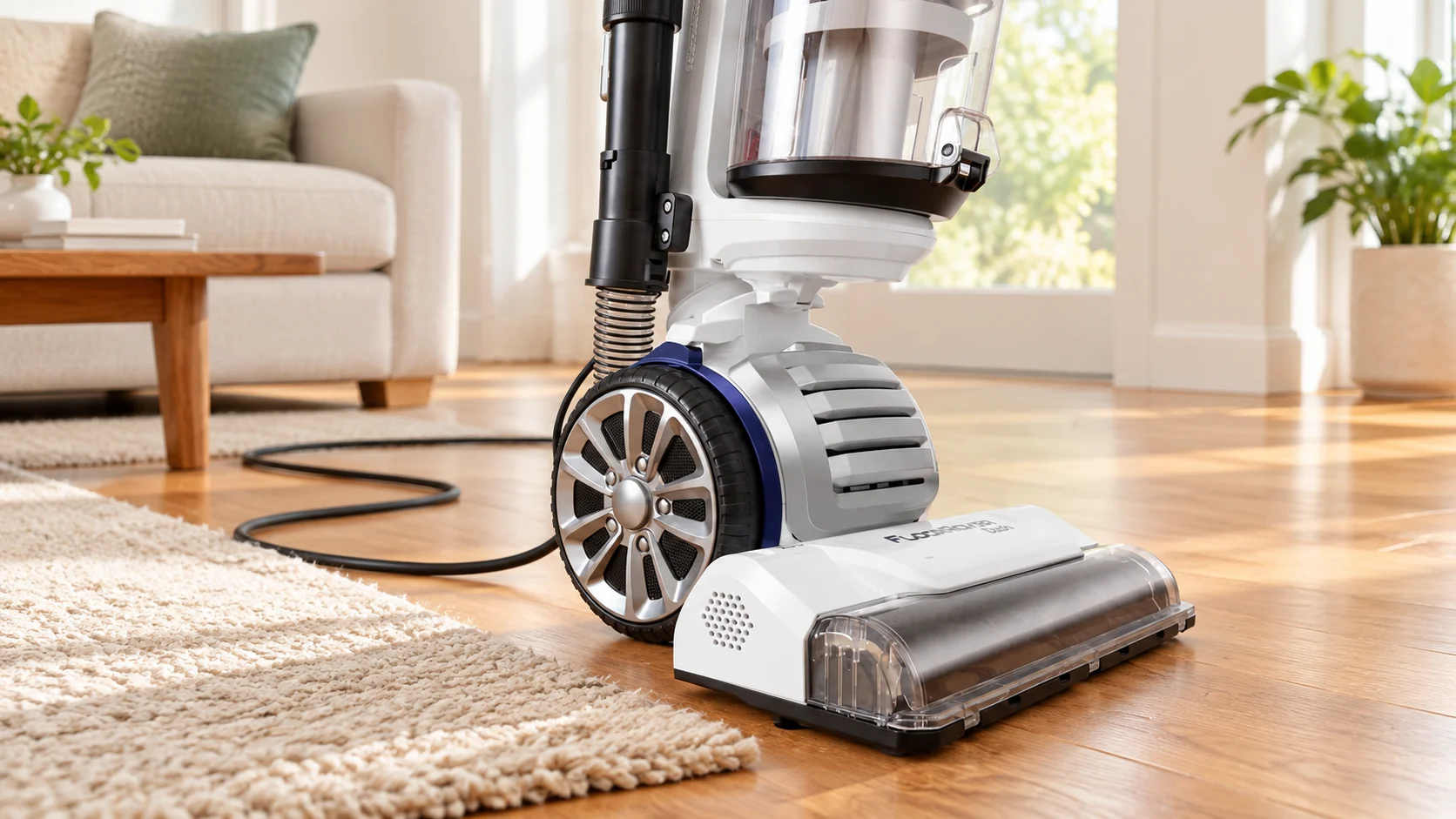 Eureka Floorrover Dash vacuum floorhead and large wheel beside a rug