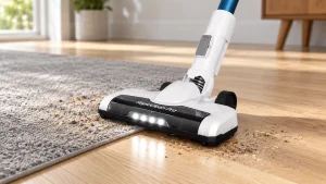 Eureka RapidClean Pro NEC180 floorhead beside a gray rug on oak flooring