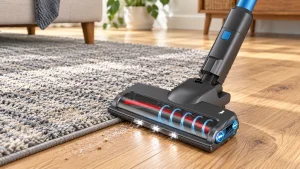 Fabuletta cordless vacuum floorhead on oak flooring beside a rug