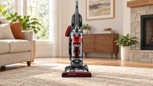 Hoover WindTunnel 3 Max upright vacuum on a beige living-room rug