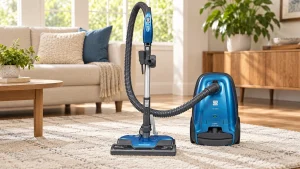 Blue Kenmore BC3005 canister vacuum with connected wand and floorhead on a rug