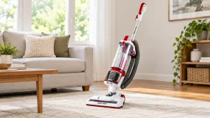 Red and white Kenmore DU2015 upright vacuum on a living-room rug