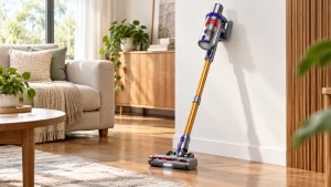 Laresar Elite 3 cordless stick vacuum with gold wand beside a living-room wall