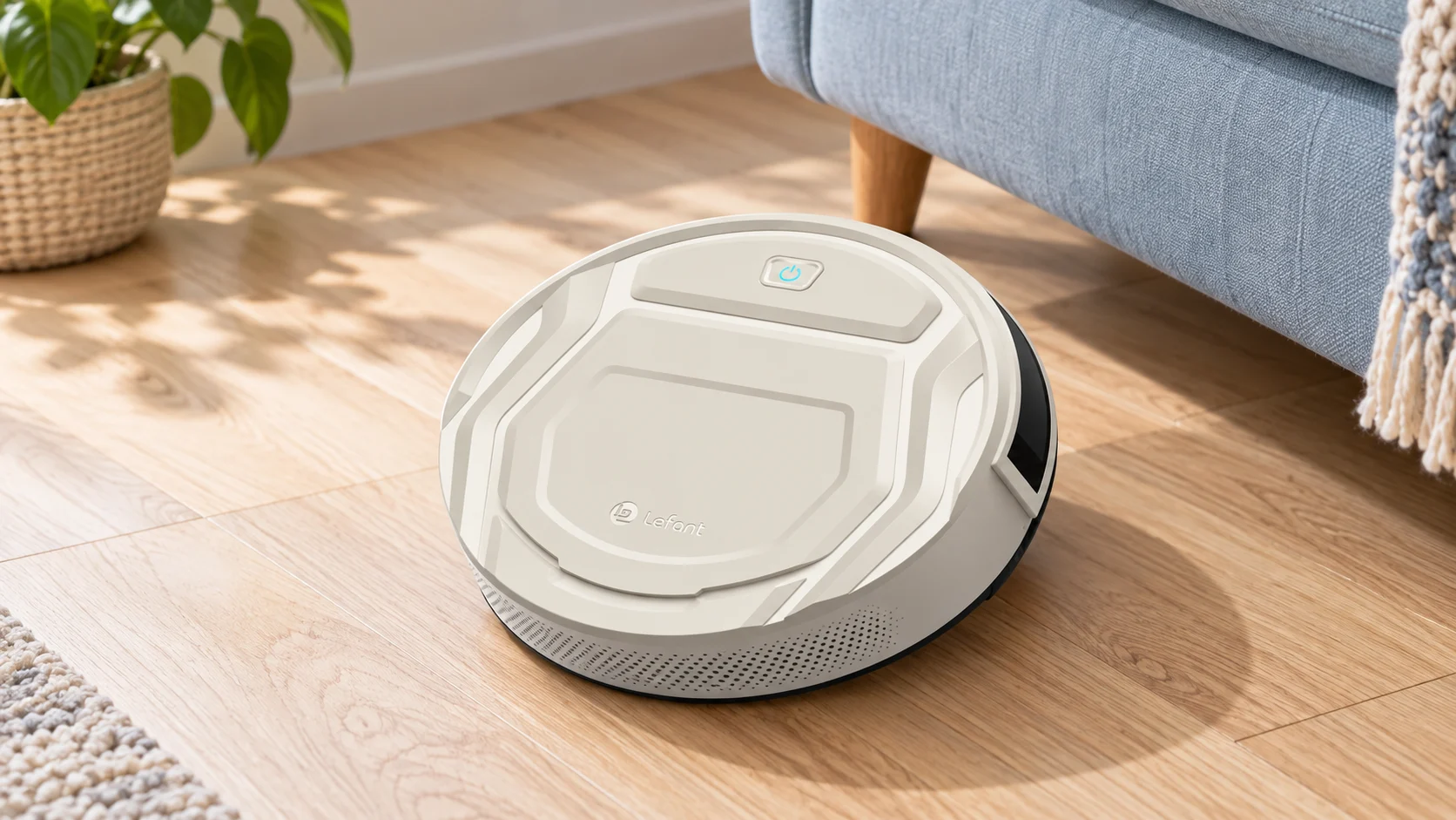 White Lefant M210 Pro robot vacuum on oak flooring beside a blue sofa