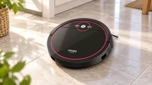 NOISZ by ILIFE S5 Pro robot vacuum with pink trim on a tiled floor
