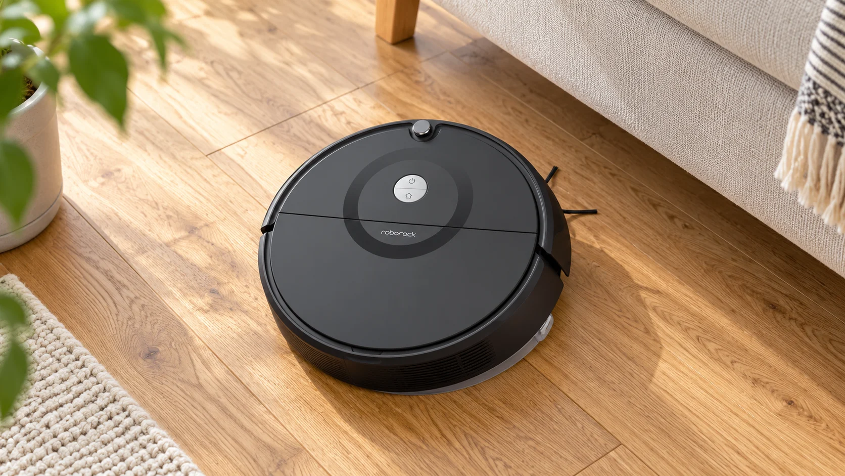 Black Roborock E5 robot vacuum on oak flooring beside a sofa