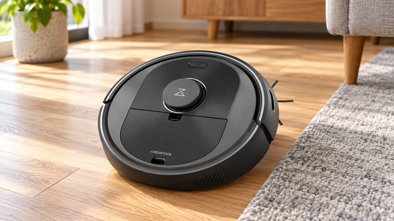 Black Roborock Q5 robot vacuum beside a gray rug on oak flooring