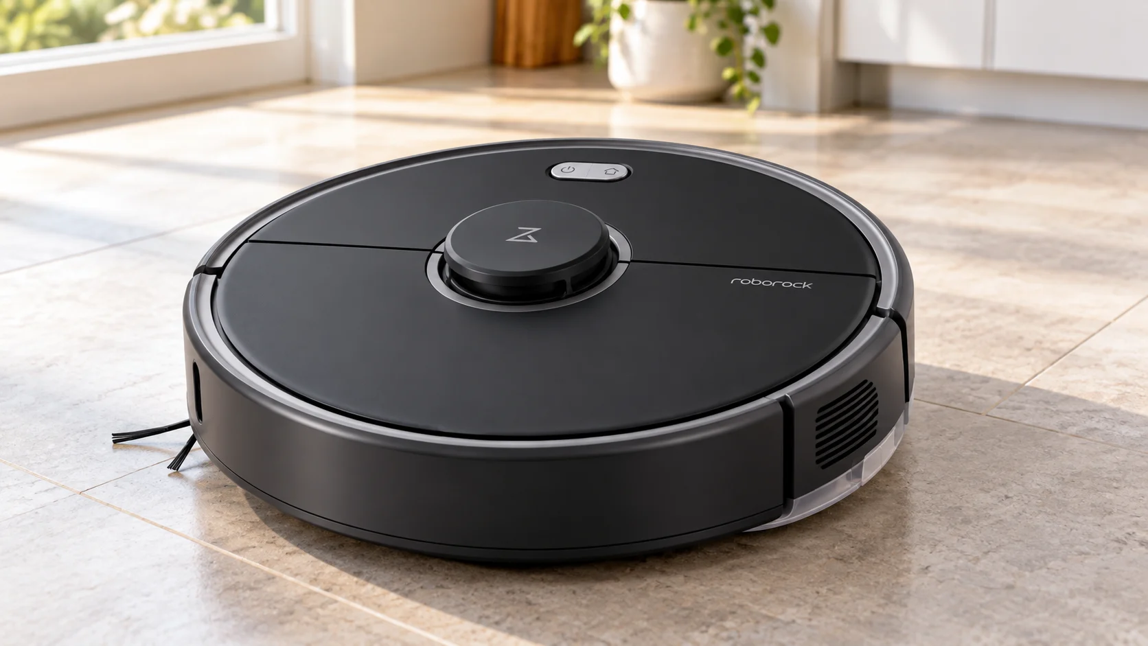 Black Roborock S5 Max robot vacuum resting on a tiled floor
