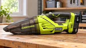 Ryobi P714K EVERCHARGE handheld vacuum resting on a wooden workbench