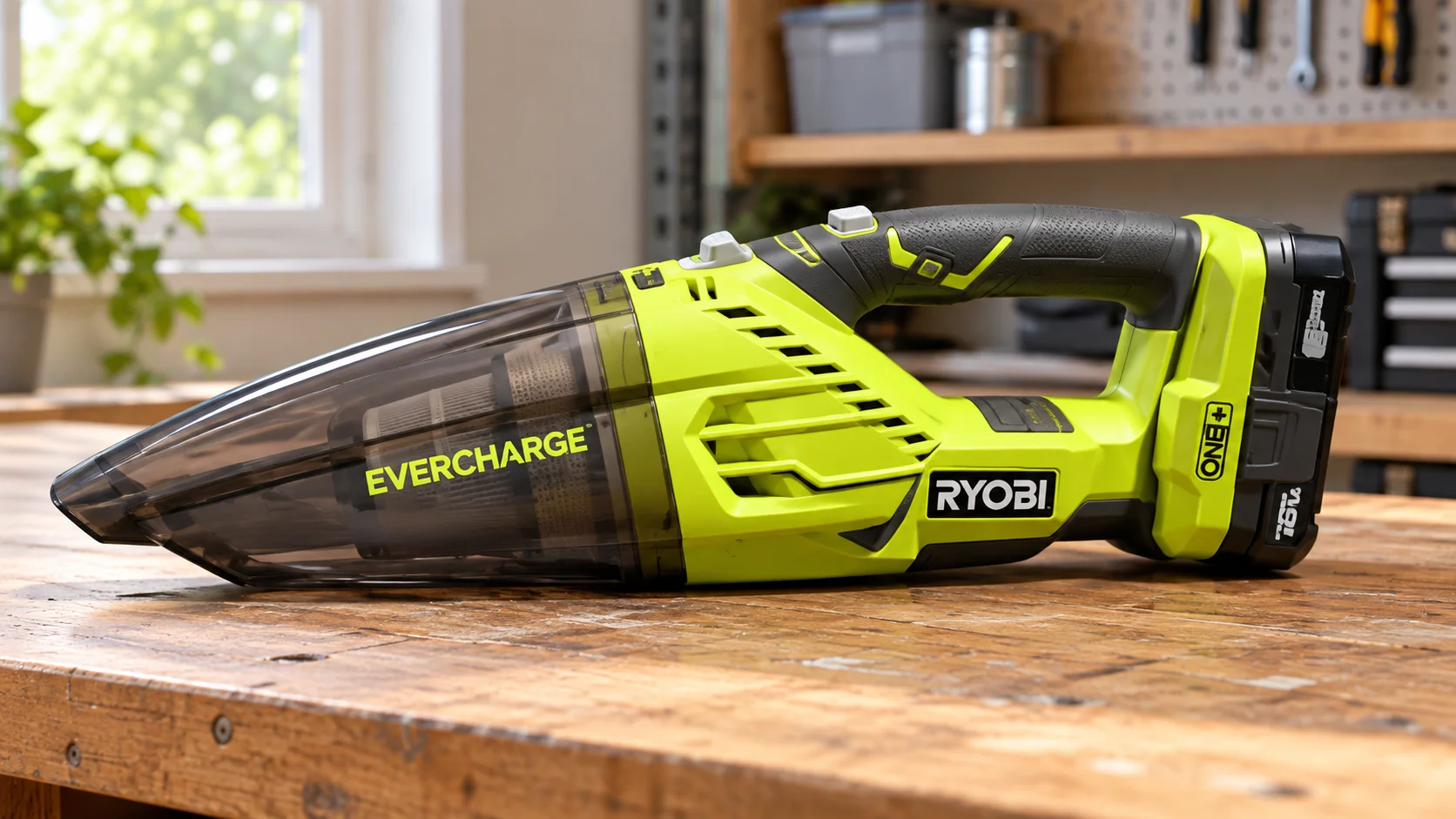 Ryobi P714K EVERCHARGE handheld vacuum resting on a wooden workbench