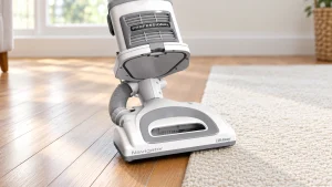 Shark NV356E Navigator Lift-Away floorhead beside a cream rug on oak flooring