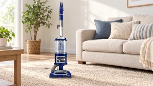 Blue Shark NV360 Navigator upright vacuum on a beige rug beside a sofa