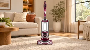 Burgundy Shark NV752 Rotator upright vacuum on a beige living-room rug