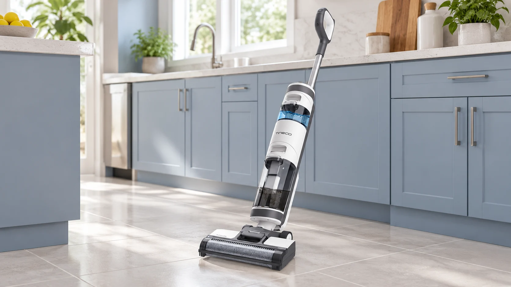 Tineco iFloor 3 wet-dry cleaner on a pale tiled kitchen floor