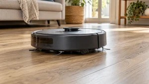 A robot vacuum on clean oak-look vinyl plank flooring, close view of wheels and floor contact.