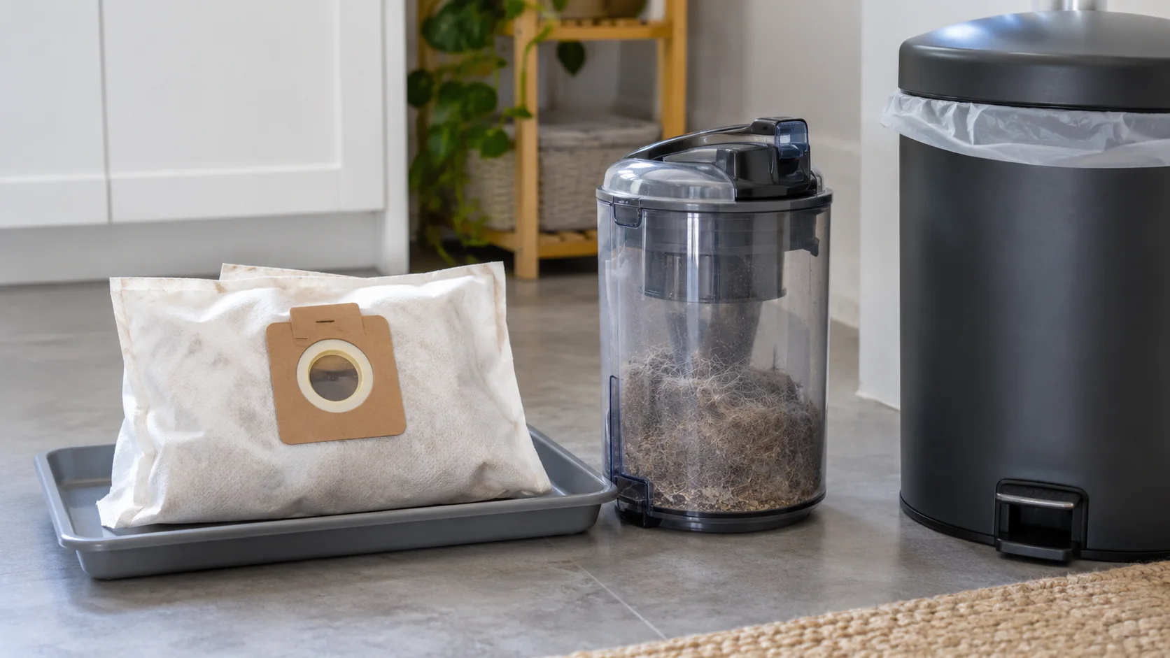 A used vacuum bag and a transparent dust bin beside a lined household waste bin.