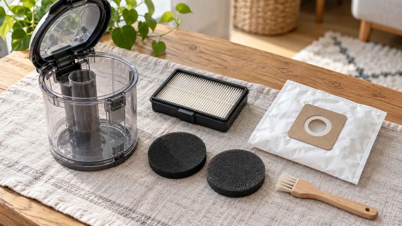 A dry dust bin, pleated filter, foam filters, replacement bag, and cleaning brush on a towel.