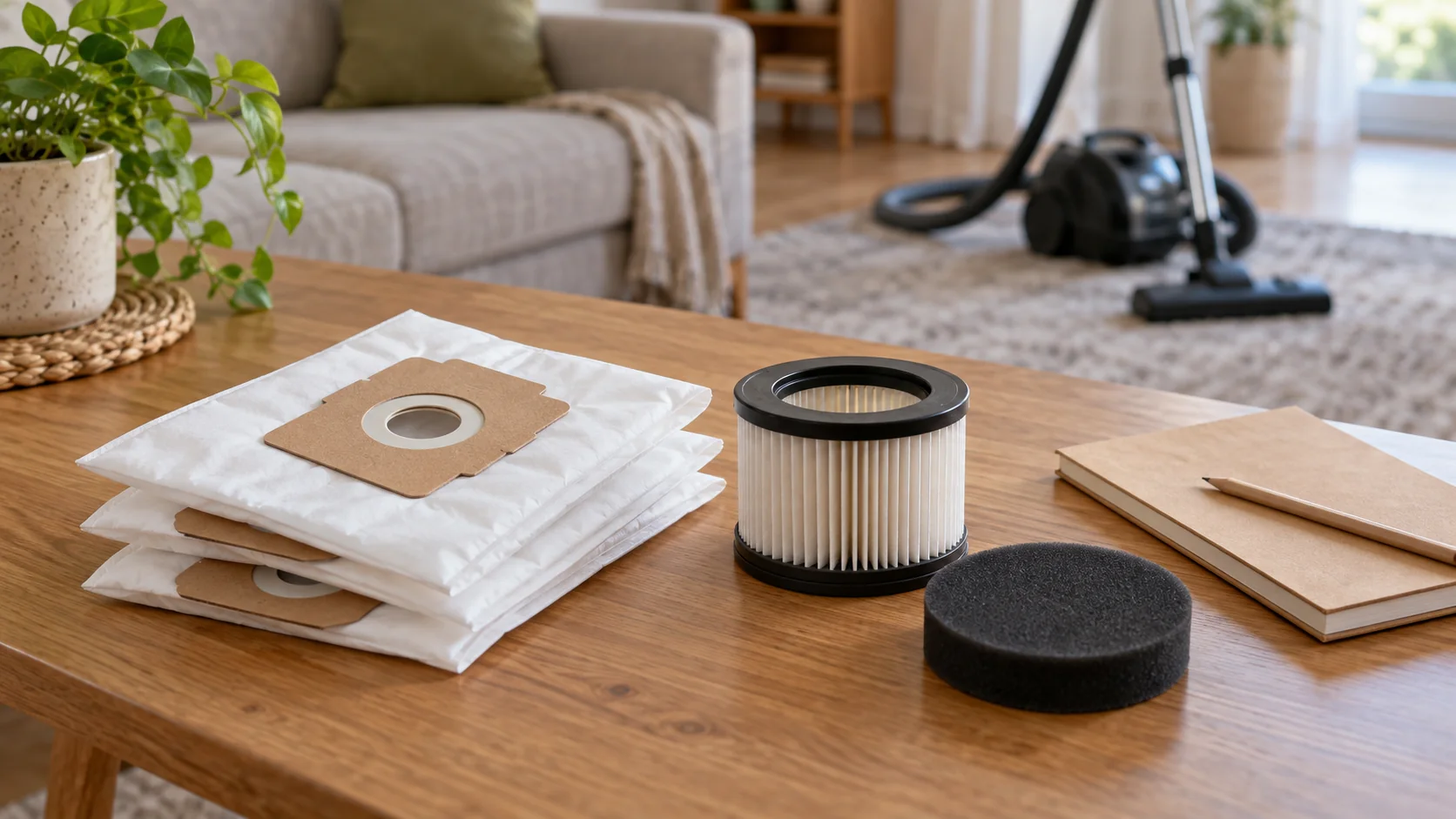 Replacement vacuum bags and filters beside a blank notebook for planning ongoing costs.