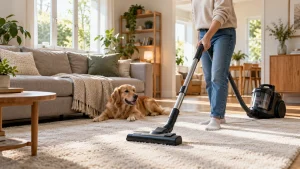 A person vacuuming a sunlit tidy living room carpet, natural home-care photography.
