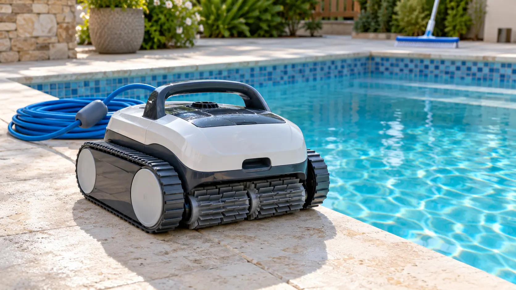 Tracked robotic pool cleaner and coiled cable on stone coping beside a blue swimming pool.