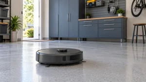 Robot vacuum on a dry sealed floor in a tidy garage with organized storage cabinets.