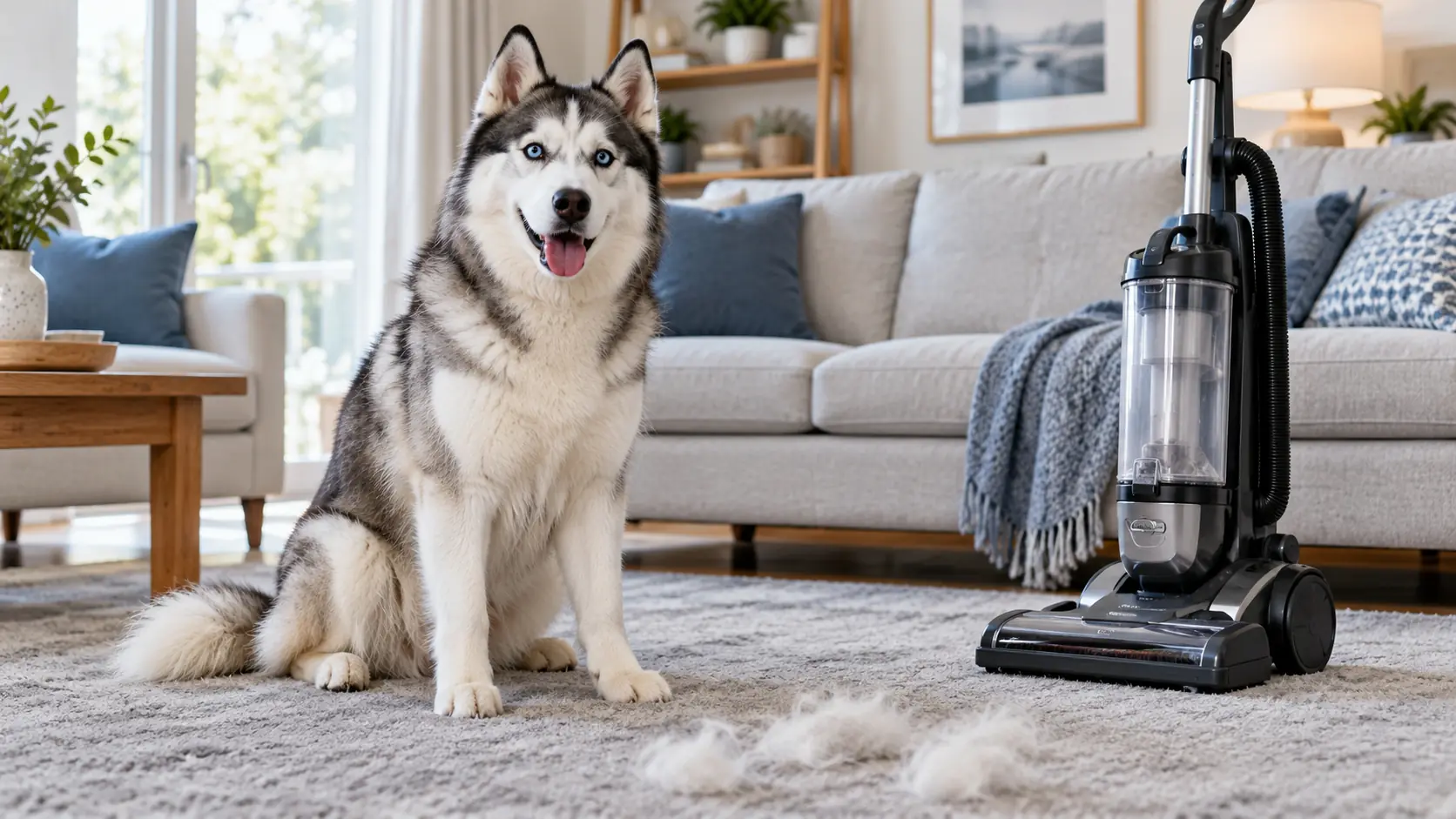 Siberian Husky beside an upright vacuum, with shed fur on a living-room rug.
