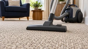 Suction-only vacuum nozzle on oatmeal Berber carpet with clearly visible looped fibers.