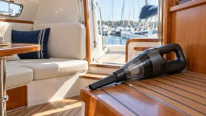 Cordless handheld vacuum on a teak surface inside a sailboat cabin overlooking a marina.