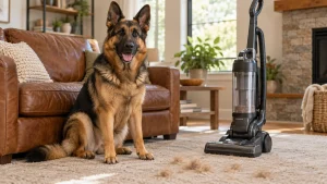 German Shepherd beside an upright vacuum, with shed dog hair on a beige rug.