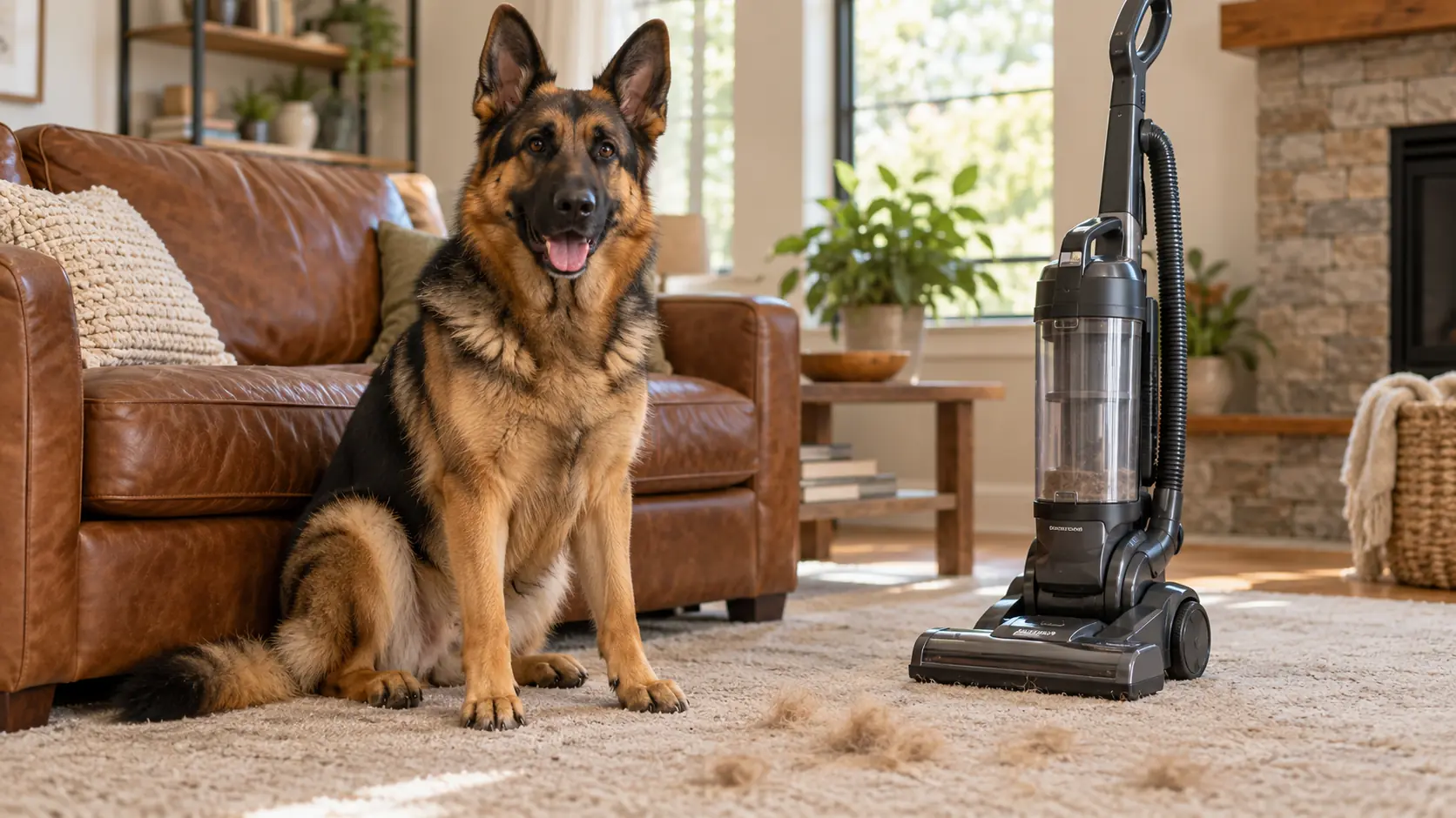German Shepherd beside an upright vacuum, with shed dog hair on a beige rug.