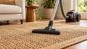 Suction-only vacuum nozzle on a woven natural jute rug beside a cream armchair.