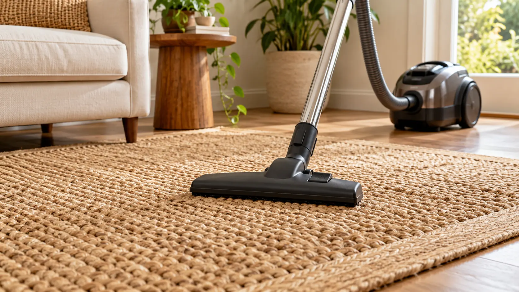 Suction-only vacuum nozzle on a woven natural jute rug beside a cream armchair.