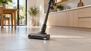 Cordless stick vacuum with a hard-floor head on pale kitchen tiles with visible grout lines.