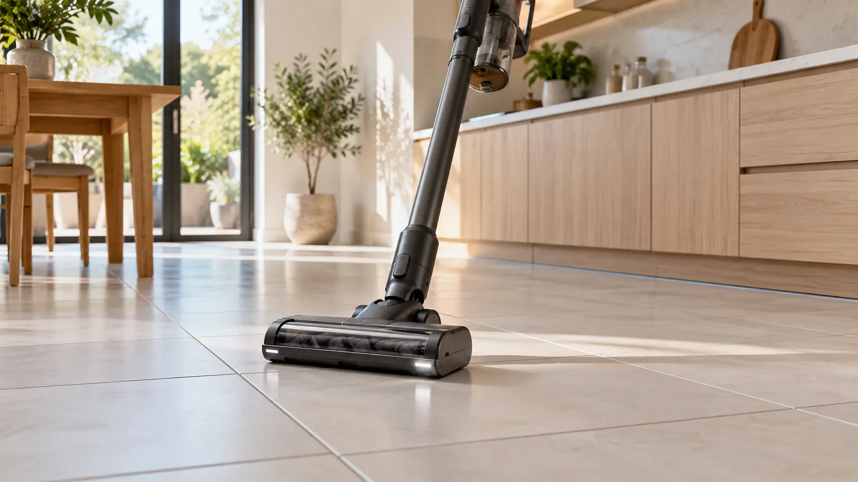 Cordless stick vacuum with a hard-floor head on pale kitchen tiles with visible grout lines.