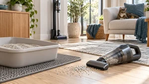 Cat resting near a litter tray with a generic cordless stick vacuum and handheld vacuum nearby
