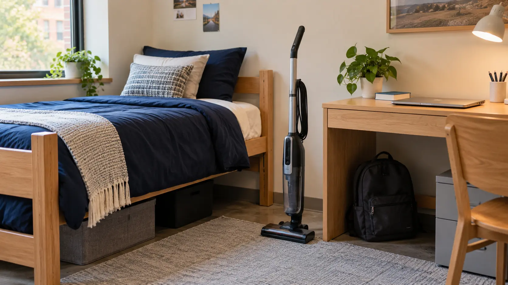 Compact stick vacuum stored between a single bed and study desk in a college dorm room.