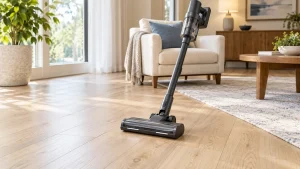 Cordless stick vacuum on oak-look vinyl plank flooring in a bright living room.